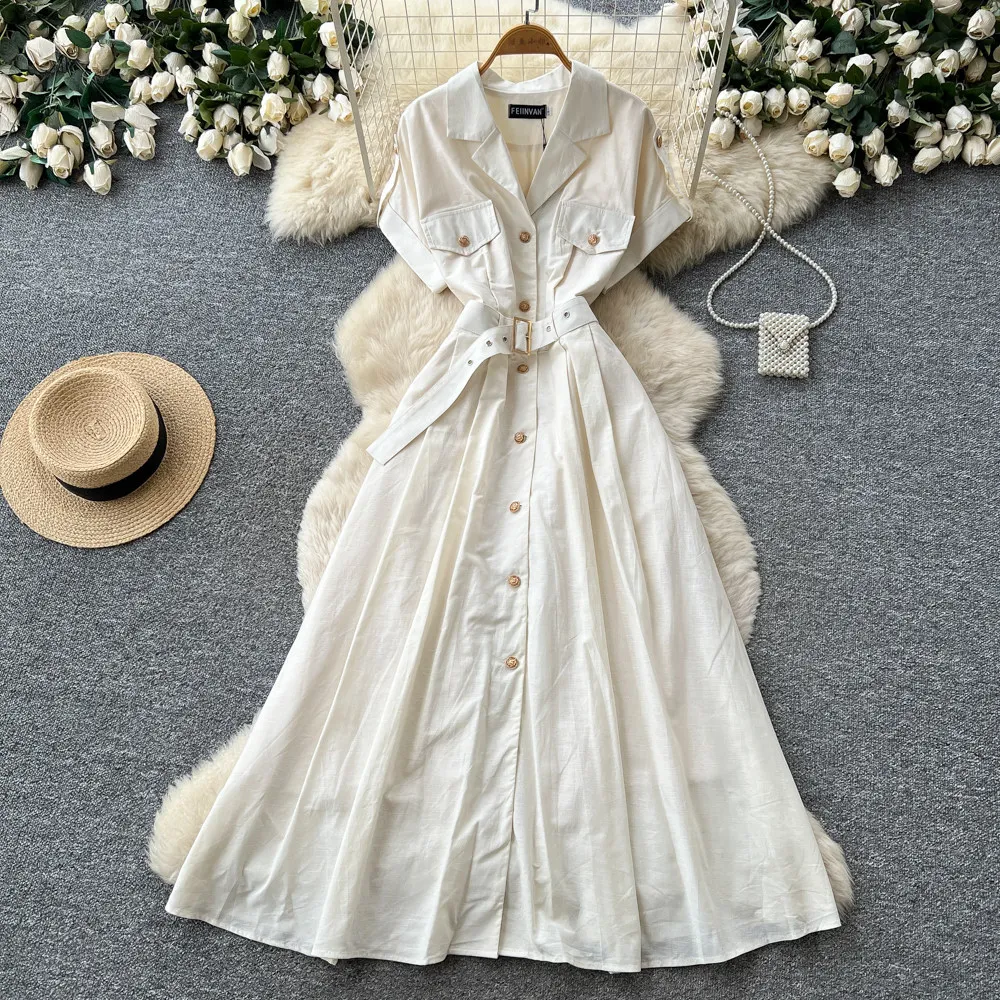 Langes Kleid für Damen, Hemdkleider A-Linie, Y2k Streetwear, Umlegekragen, Kurzarm, Elegant, Tailliert, Party- und Abendkleid 2026