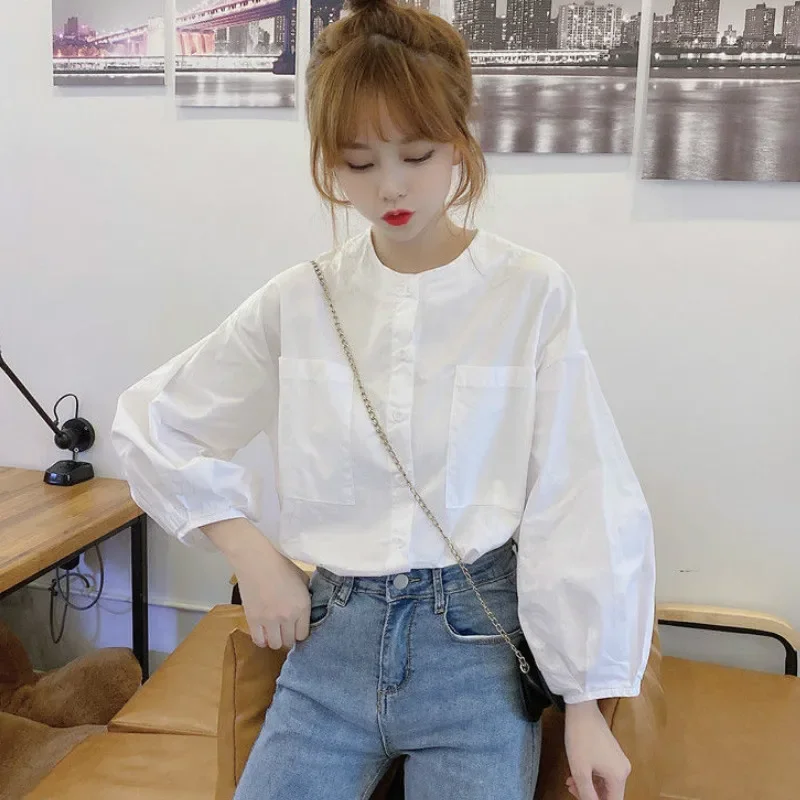 Women Shirts Autumn New O-neck Lantern Sleeve Single Breasted Korean Style Girls Sweet Leisure Simple Clothing Tops Blouses Chic