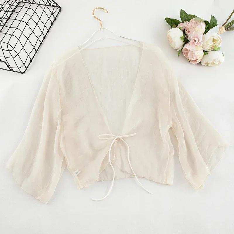 Rin Confa Chiffon Front Tie Top Women Sheer Chiffon Flare Sleeve Beach Cover Up Top Sun Protective Clothing Chiffon Blouse