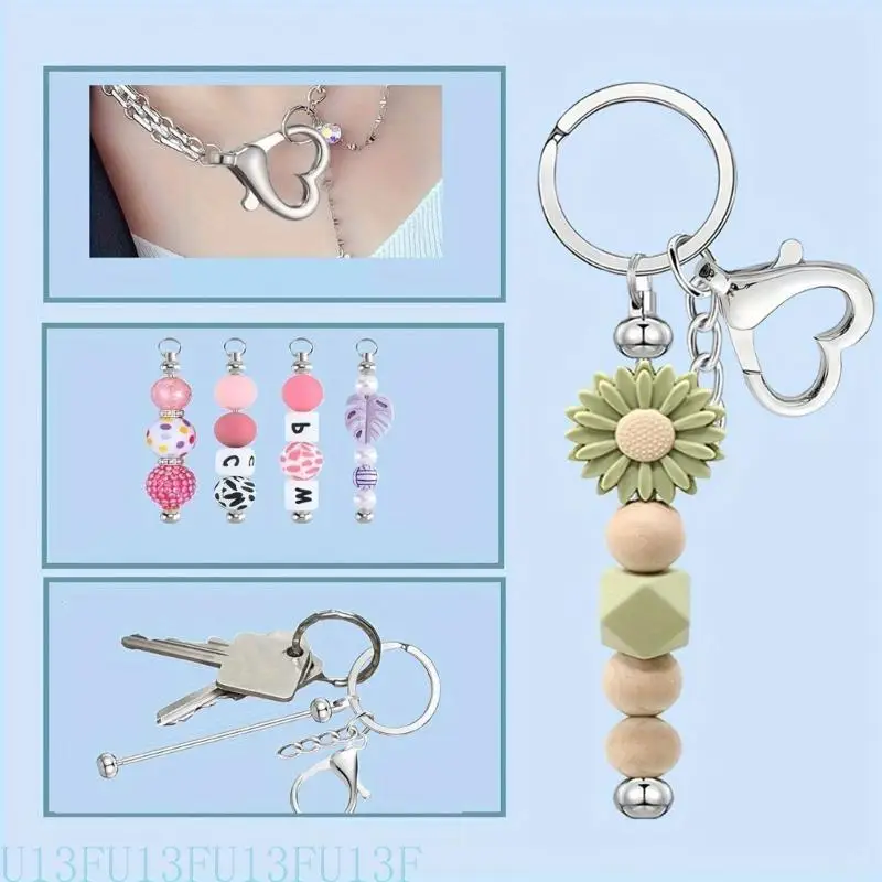 U13F 10pcs Silver Heart Beadable Keychains for Creative DIY Projects for Christening