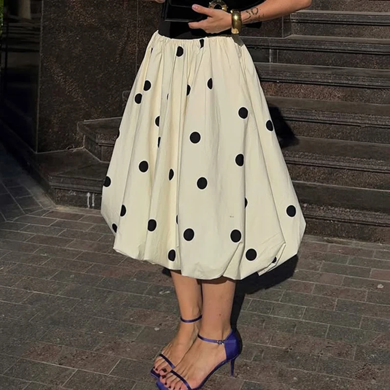 Vintage Non Elastic Pleated A-Line Skirt Lady Elegant Office Commute Floral Bud Skirt 2026 Spring Summer Casual Polka Dot Skirt