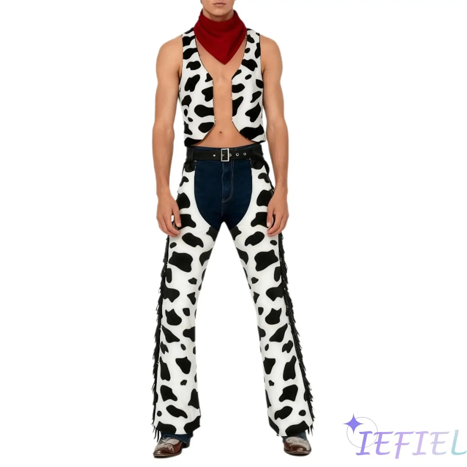 

Womens Halloween Cowgirl Costume Cow Spot Flannel Vest Top with Open Crotch Chaps Pants Trousers for Biking Riding Cosplay