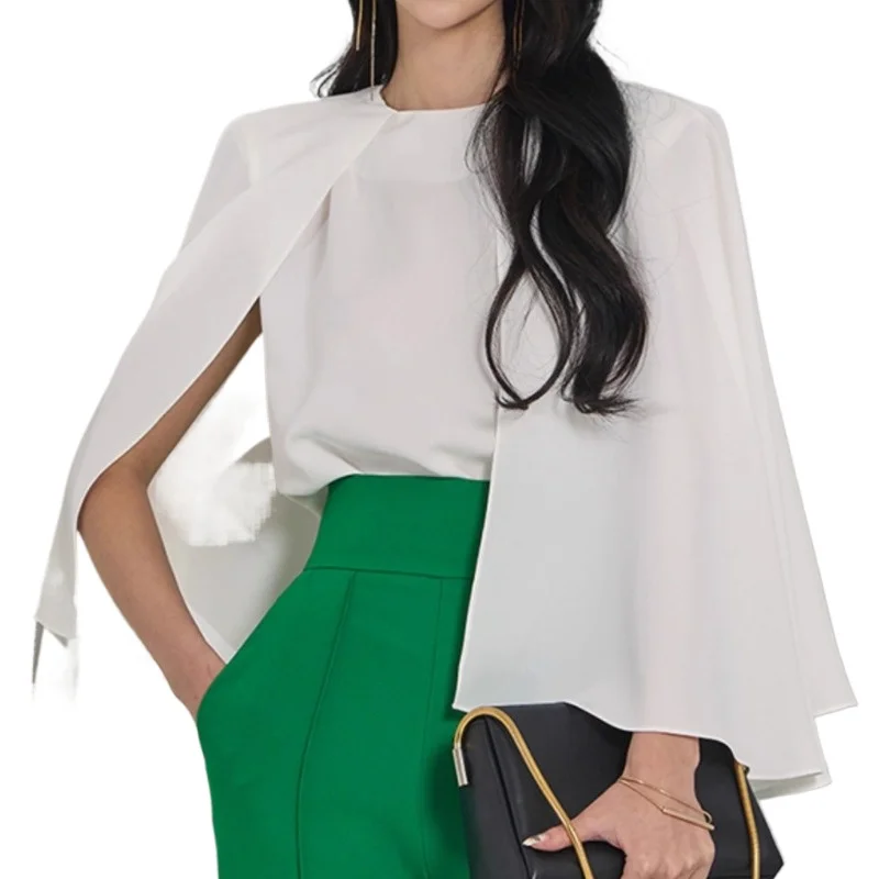 

Новая женская блузка-накидка с круглым вырезом и рукавами «летучая мышь» в стиле французской элегантности для офиса, весна-осень 2026