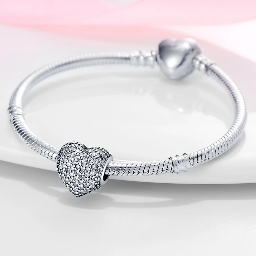 Original Charms 925 Sterling Silver Heart Inlaid Stone Hand-holding String Beads Fit Bracelet Women Jewelry Making Diy Gift
