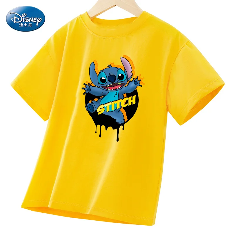 

Disney Stitch Summer Girls Boys T Shirts Clothes 100% Pure Cotton Short Sleeve Yellow Green Kids Under Shirt Bottomming Clothing