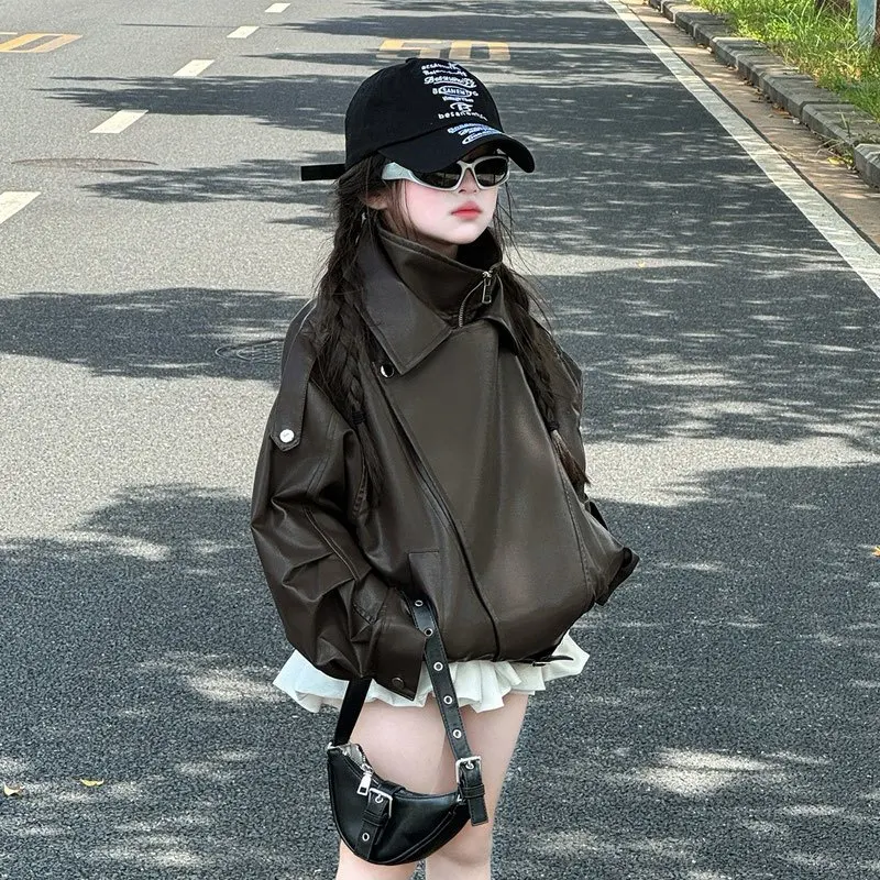 Spring Autumn Children's Leather Jacket New Style Girls Fashionable Casual Coat Stylish Kids Outerwear