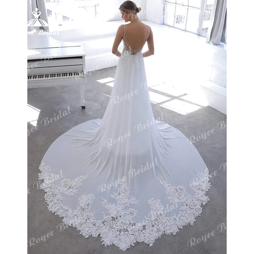 Boho V Neck Spaghetti Straps Lace Appliques Chiffon A Line Wedding Dress For Women Sexy Bridal Gown Sweep Vestidos De Novia Robe