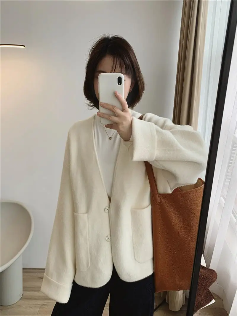 

Корейский Sle Thiened V-Ne Design ort свитер, пальто, женская свободная простая зимняя верхняя одежда, маленький размер, длинный све, чистый цвет