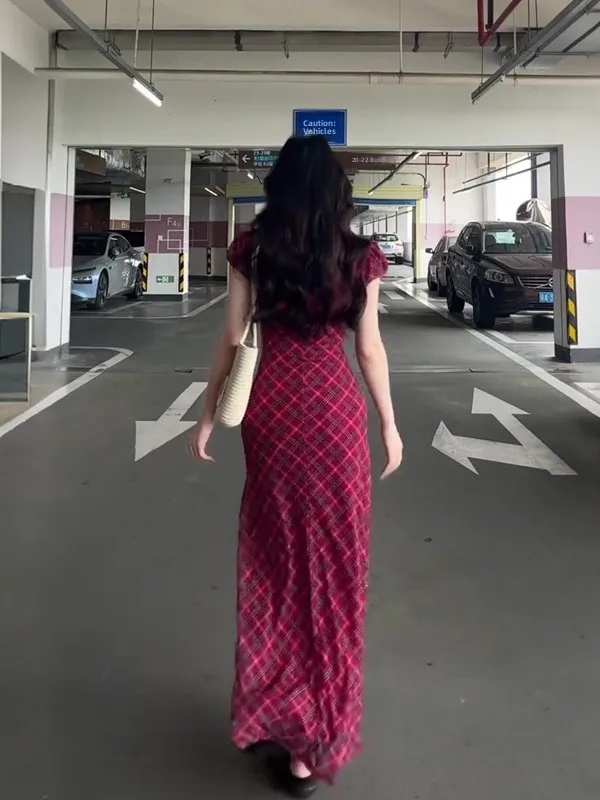 Rétro dentelle garniture bulle Sve Dr Plaid et dentelle épissage été nouvelle taille cintrée longue Dr taille haute trajet Sle