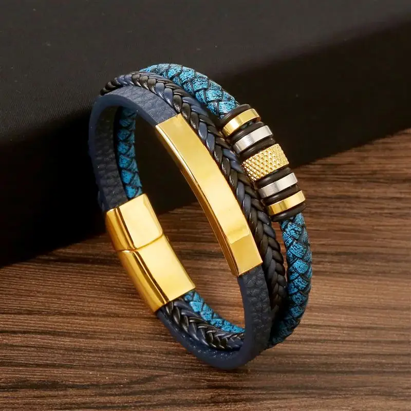 Fashion Bicycle Blue Handwoven Leather Bracelet Stainless Steel Clasp Multilayer Cufflinks Bracelet Men\'s Punk Rock Jewelry