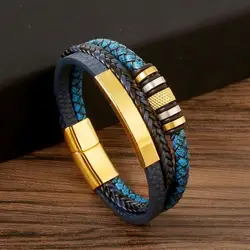 Fashion Bicycle Blue Handwoven Leather Bracelet Stainless Steel Clasp Multilayer Cufflinks Bracelet Men's Punk Rock Jewelry