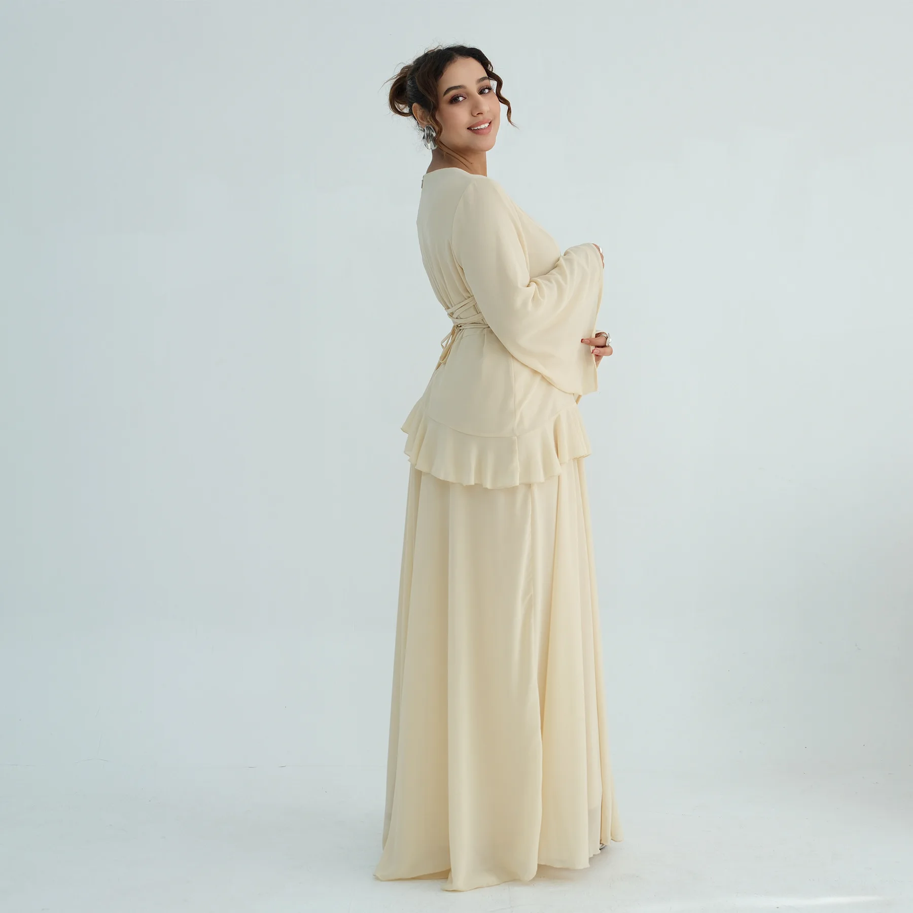 

Dubai Muslim Dress Chiffon Abaya Women Long Sleeve Pleated Sundress Robe Caftan Femme Vestidos Femme Autumn Maxi Dresses Vestido