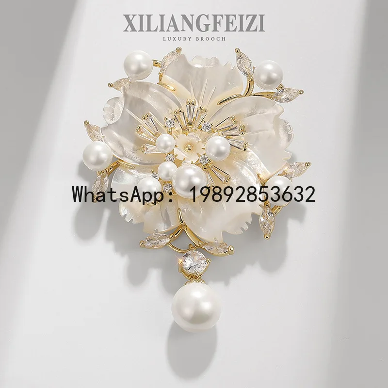 

XZ Premium Plum Blossom Mother Shell Brooch Pearl Camellia Pin Flower Clothing Zircon Corsage