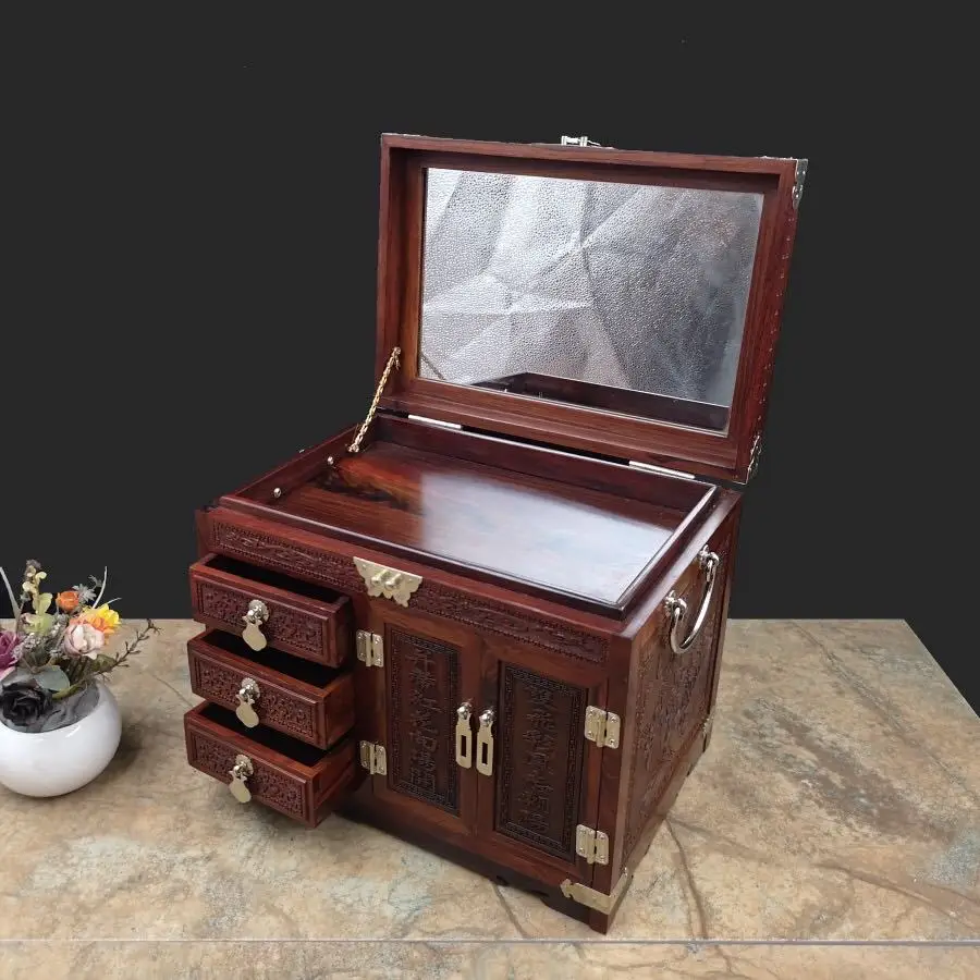 صندوق مجوهرات من القماش المخملي ذو المقاس الجيد من خشب الورد الأحمر من خشب الماهوجني لتخزين المجوهرات من خشب الصندل هدية حرفية منزلية مع قفل #3
