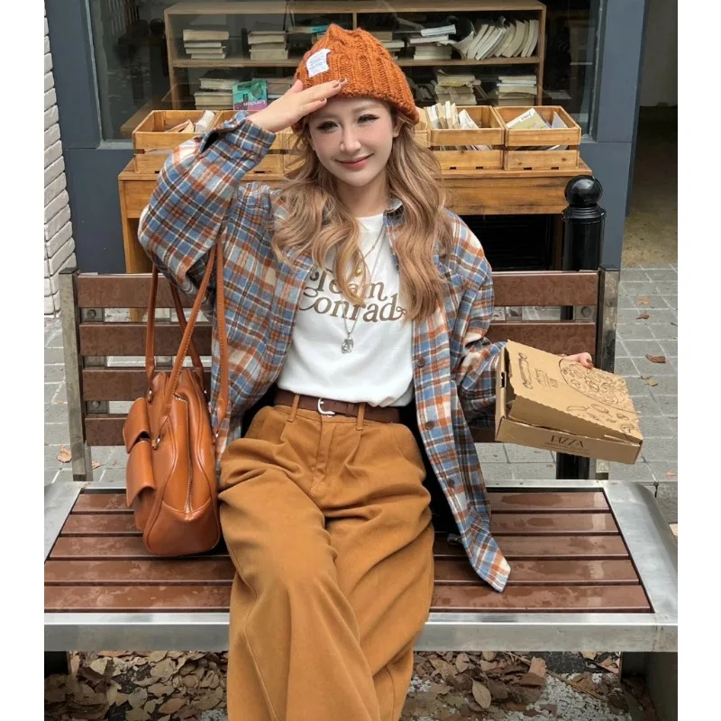 Vintage Chic Plaid Women Shirts Long Sleeve Blouse With Pockets Casual Checkered Female Spring Autumn Streetwear Outerwear Tops