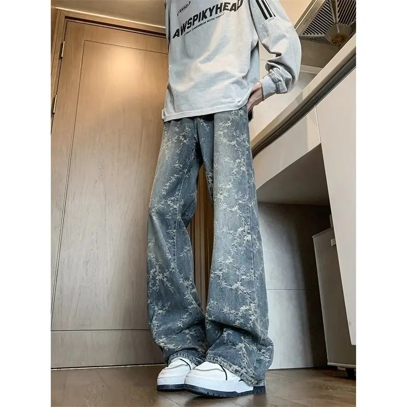 

Foufurieux Spring American Streetwear Retro Cargo Jeans Men Vintage Washed Jacquard High Waist Loose Straight Leg Pants for Men