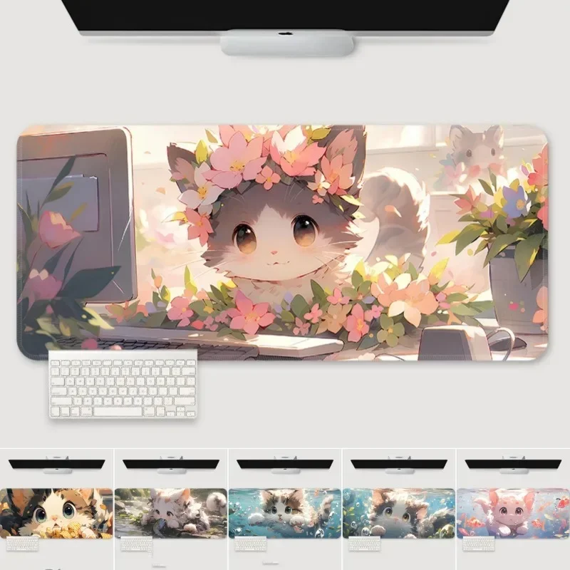 Cute Cat Mouse Pad Girl Bedroom Learning Desk Mat Laptop Stitched Edge Non-Slip Mousepad Computer Table Decoration Mice Cushions