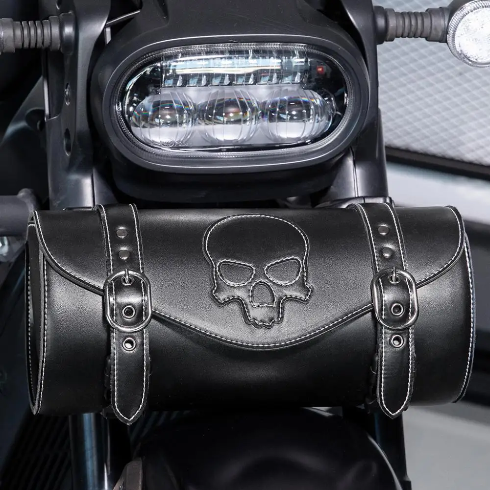 Skull head Pattern Motorcycle Hanging Bag Unisex Retro Pu Leather Outdoor Riding Waterproof Tool Kit Steampunk Cos Black