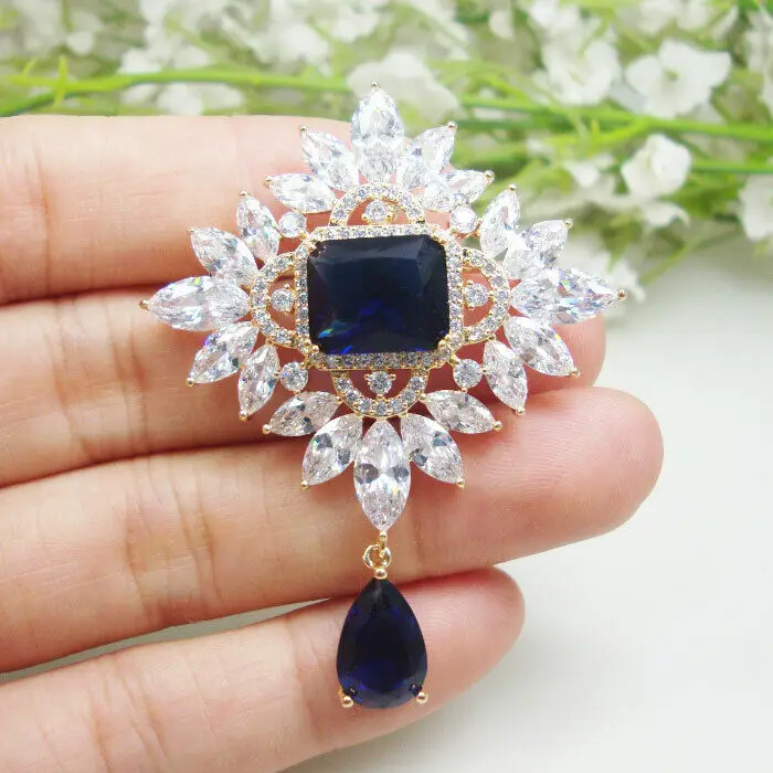 

Vintage Style Blue Flower Teardrop Zircon Crystal Woman's Brooch Pin Pendant