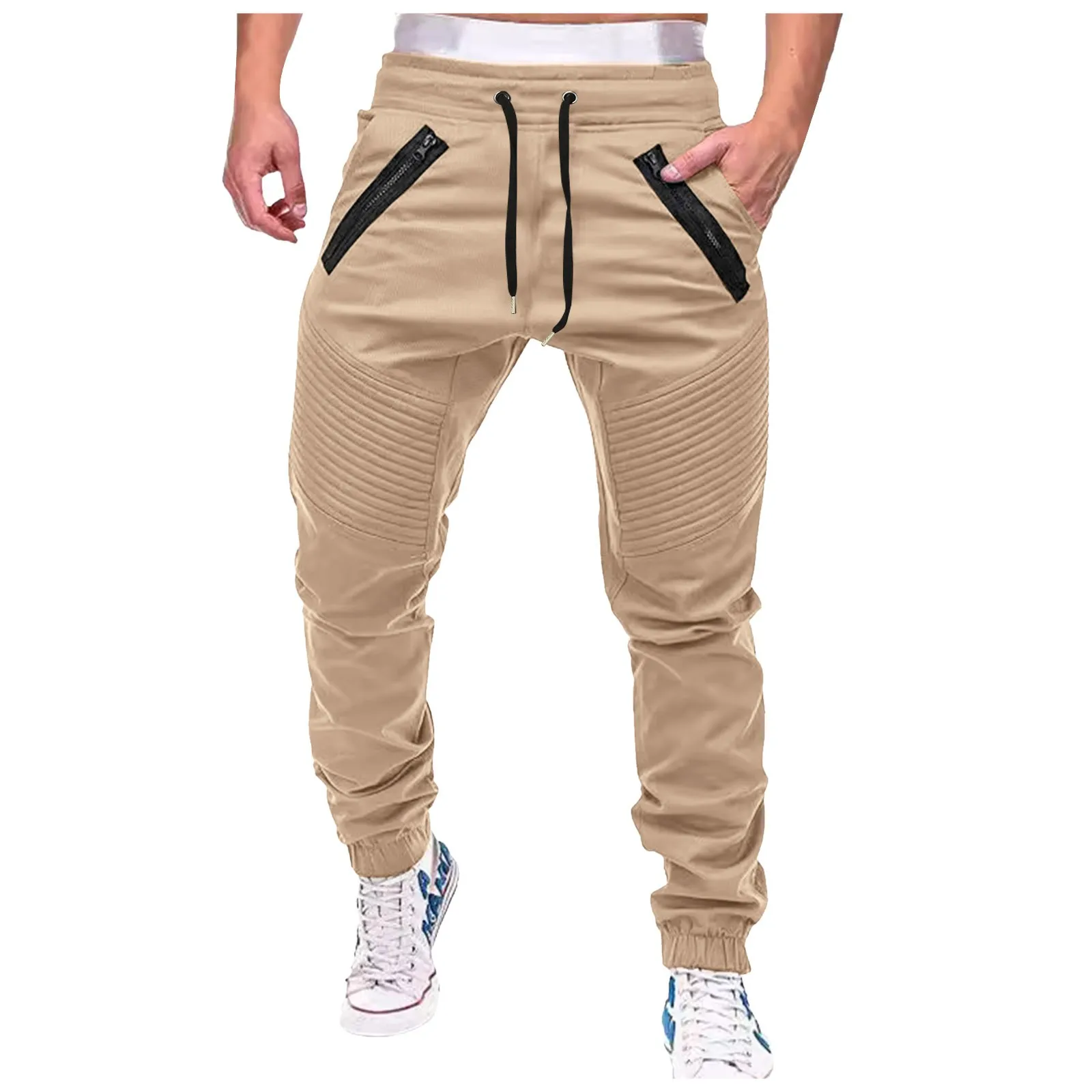 

Men Casual Mid Waist Pants Cuffed Sports Drawstring Elastic Waist Ankle Banded Tapered Pants With Zipper Pockets Sweatpants