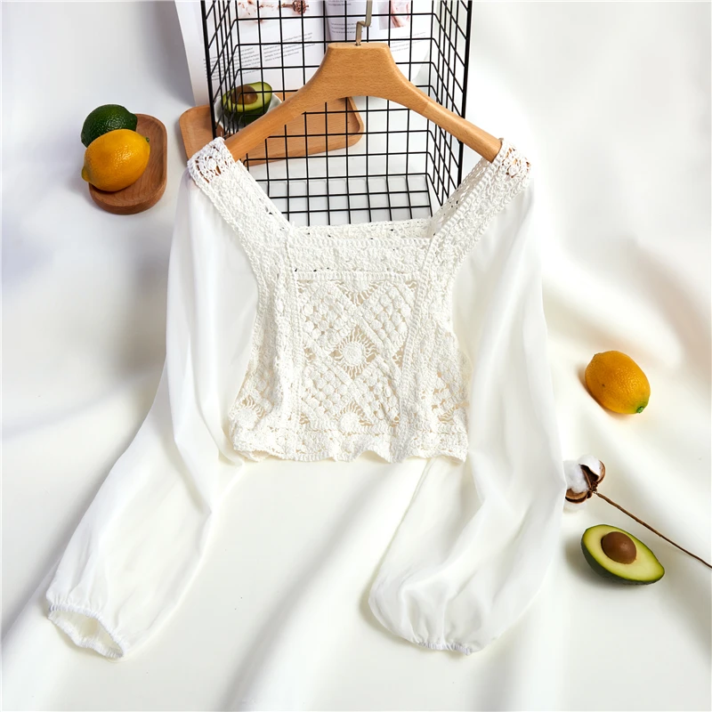 Boho Crochet Knit Blouse with Chiffon Sleeve Square Collar Shirts Sheer Tops Women Spring Summer Vacation Beach Wear