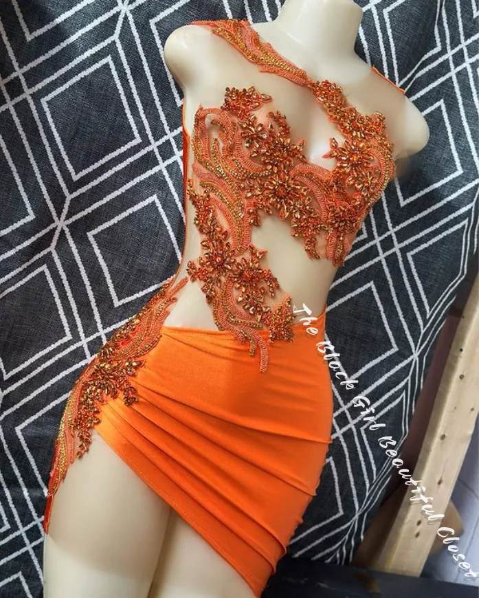 Delicate Warm Orange Short Homecoming Dress 2024 O Collar Give Week Girl Style Tulle Glitter Rhinestone Beaded Graduation Dress