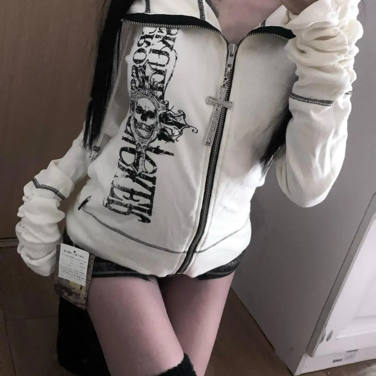 Cross Skull Hoodie Women's Slim Fit Casual Underculture Jaet Y2K Sle Trendy Top for Autumn Season