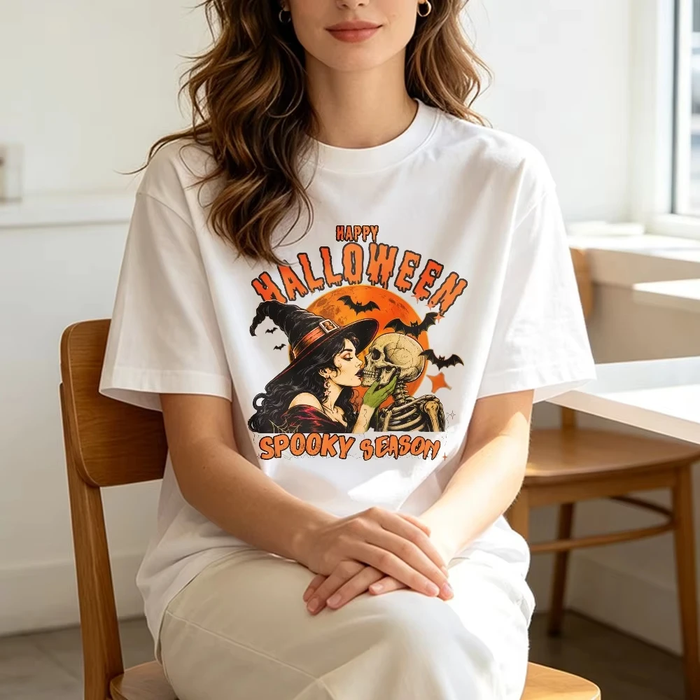 Retro Halloween Witch Skeleton Tshirt Spooky Season Graphic Tees Gothic Witch Kiss Skeleton Graphic Tee Unisex Casual Cotton Tee