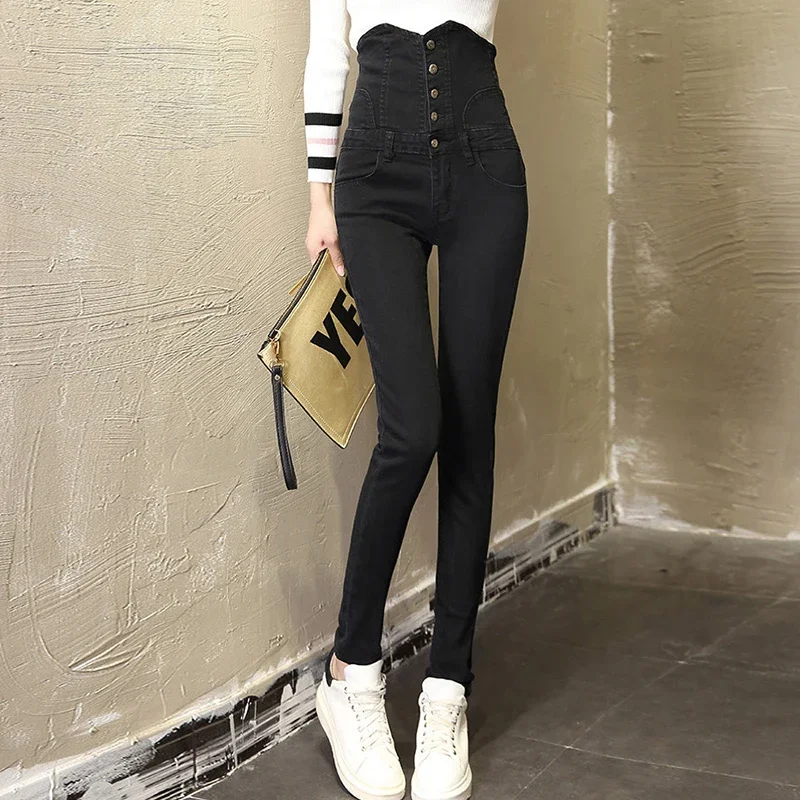 Sexy Super High Waist Skinny Pencil Jeans Women Streetwear Button Fly Denim Pants Korean Stretch  Pantalones B268