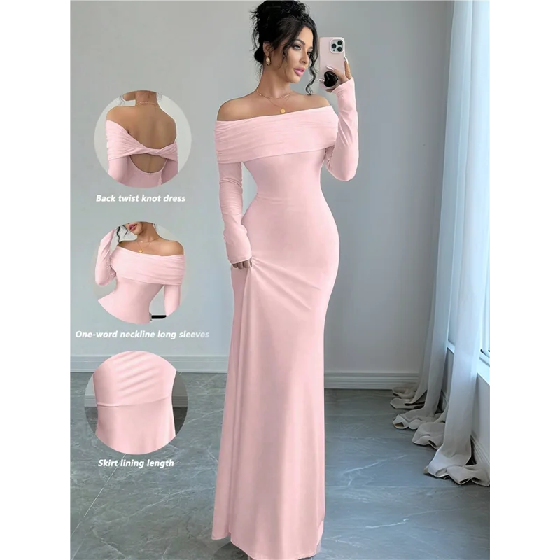 CYL-Damska sukienka maxi z długim rękawem, odkrywająca ramiona, dopasowana, elegancka, na koktajl, studniówkę