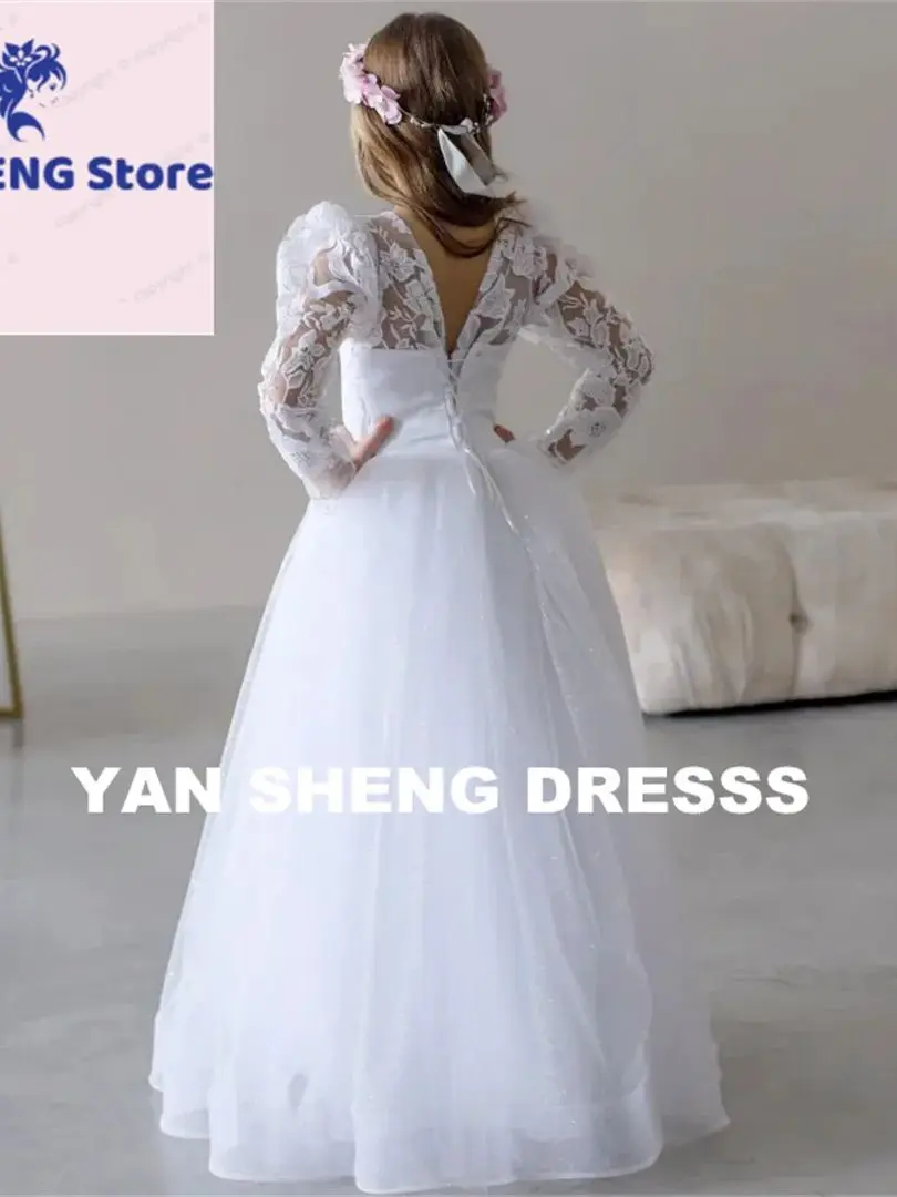 Customization Long Sleeve White Tulle Flowers Embroidery Flower Girl Dresses For Wedding Birthday Party First Communion Gowns
