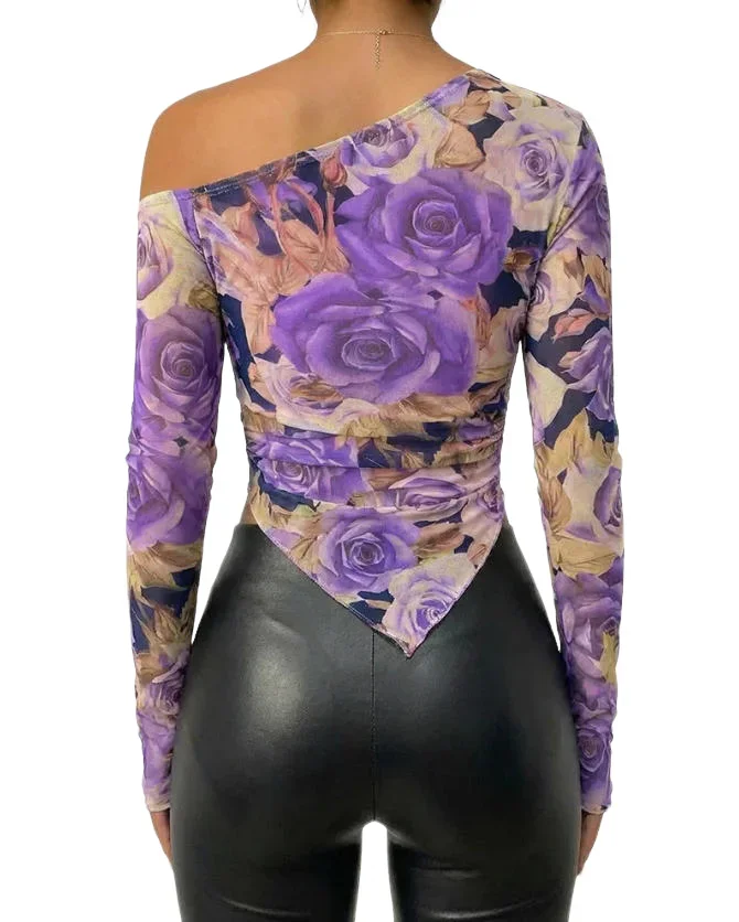 

Vintage Floral Print Skew Neck Long Sleeve Asymmetrical Hem Tee Slim Side Ruched Sheer Mesh Top with Thumb Hole Cuffs & Lining