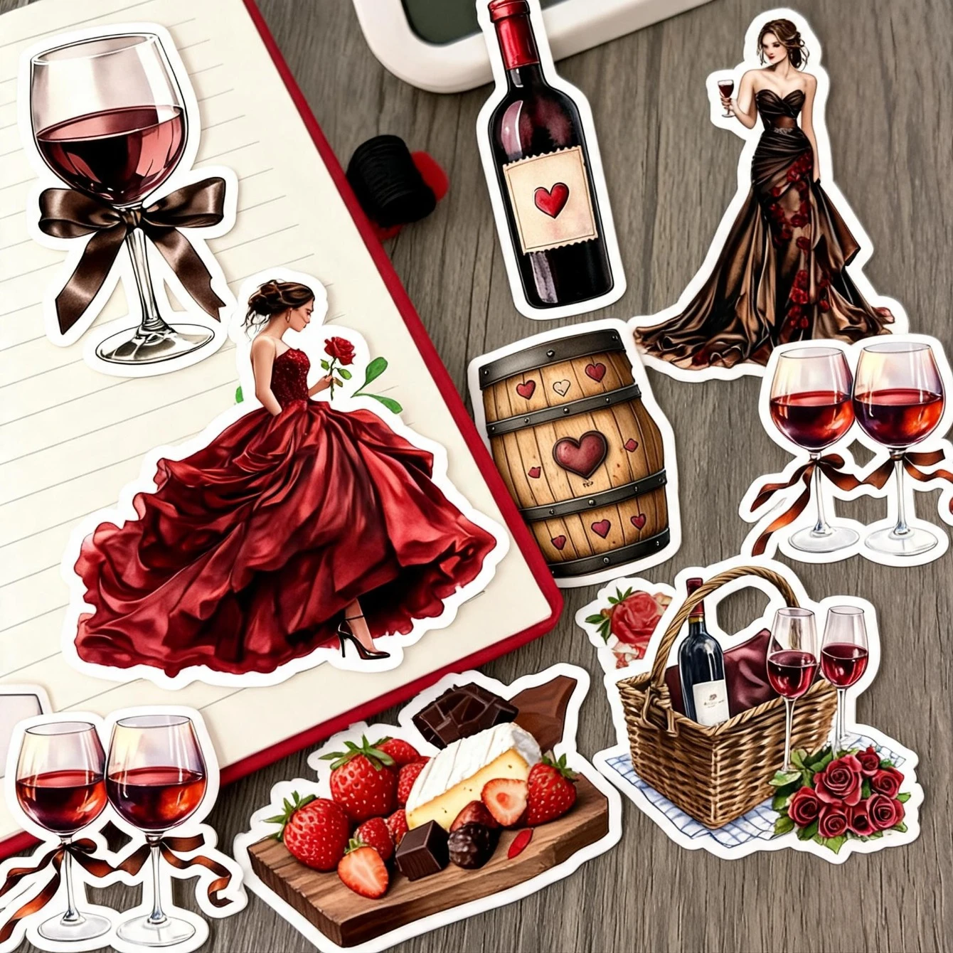 17/34pcs homemade vintage rose red mini dresses, noble girl planner book stickers, handwriting book, DIY photo albums, diaries