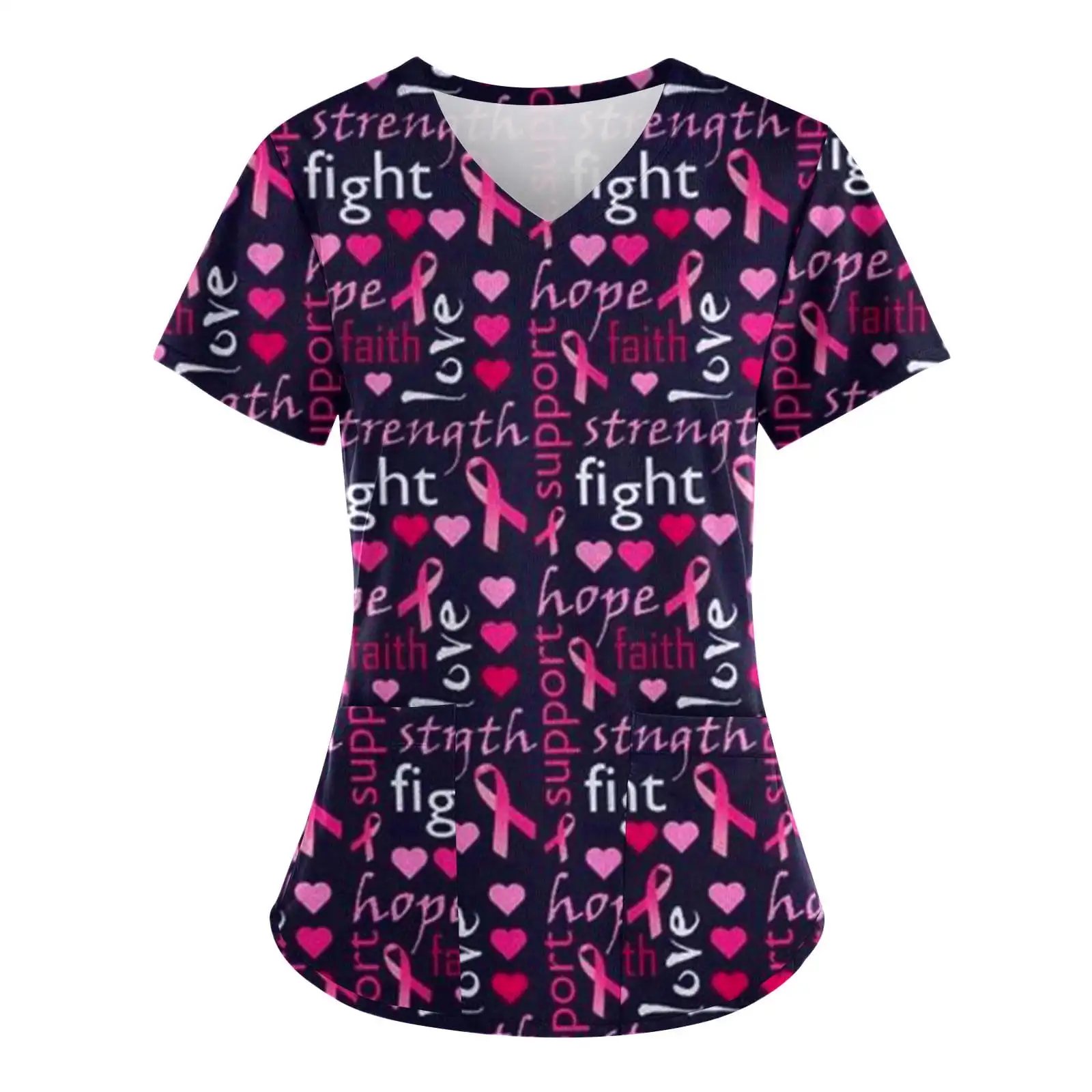Wholesalers Clinical Uniform Pink Ribbon Print V-Neck Health Care Nurse Tops with Pockets Short Sleeve Surgical Uniforms Woman