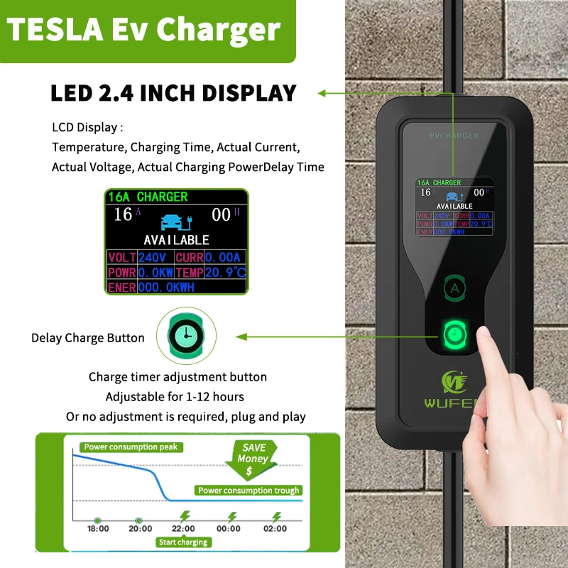 WUFEN 2025 Tesla Model 3 y s x Автомобильное зарядное устройство NACS 3,5 кВт Портативное домашнее зарядное устройство TPC/Tesla 16A 1 фаза 220 В EV Appointme Charging Pile