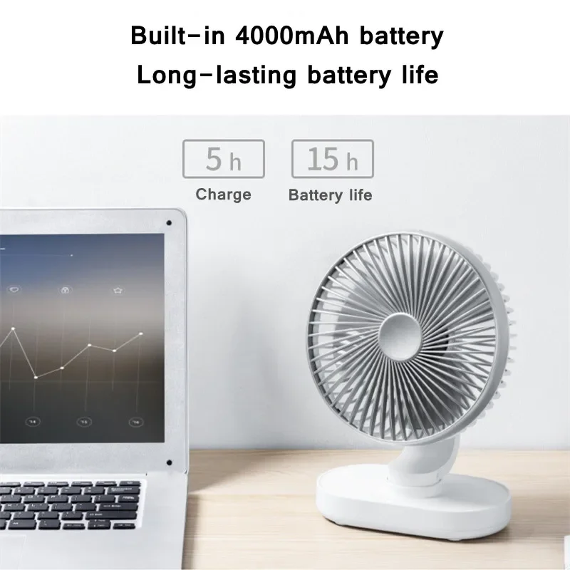 Ventilador eléctrico de escritorio con rotación automática, aire acondicionado recargable por USB, 4 velocidades, silencioso, portátil, para el hogar y la Oficina, 4000mAh