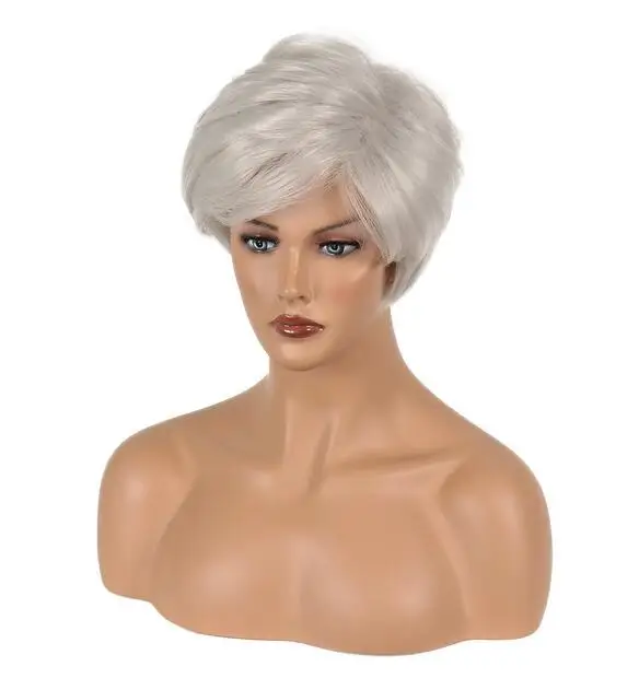 Silvery White Short Straight Wig Synthetic Fluffy Women Natural Haircut Hair Wig for Daily Party Cosplay