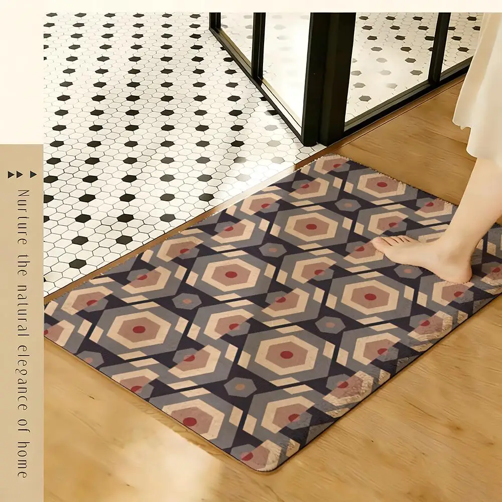 Colorful Geometric Hexagon Floor Mat Soft Flannel Rug Non-Slip Absorbent Mat for Bathroom Bedroom Home Decor