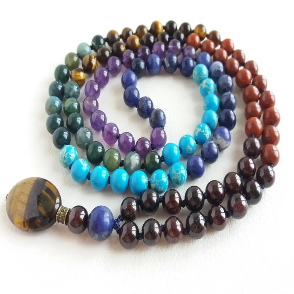 

Natural 7 Chakra Mixed Gemstone 108 Beads Mala Necklace with Tiger Eye Pendant Spiritual Meditation Jewelry