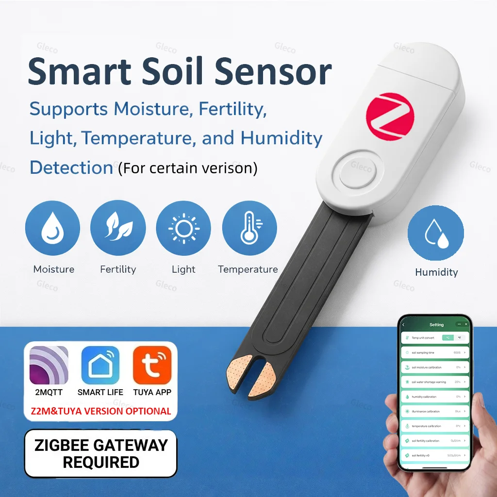 Zigbee Soil Moisture Temperature Humidity Sensor Fertility Meter Brightness Intensity Detector Works With 2MQTT/TUYA Smart Life