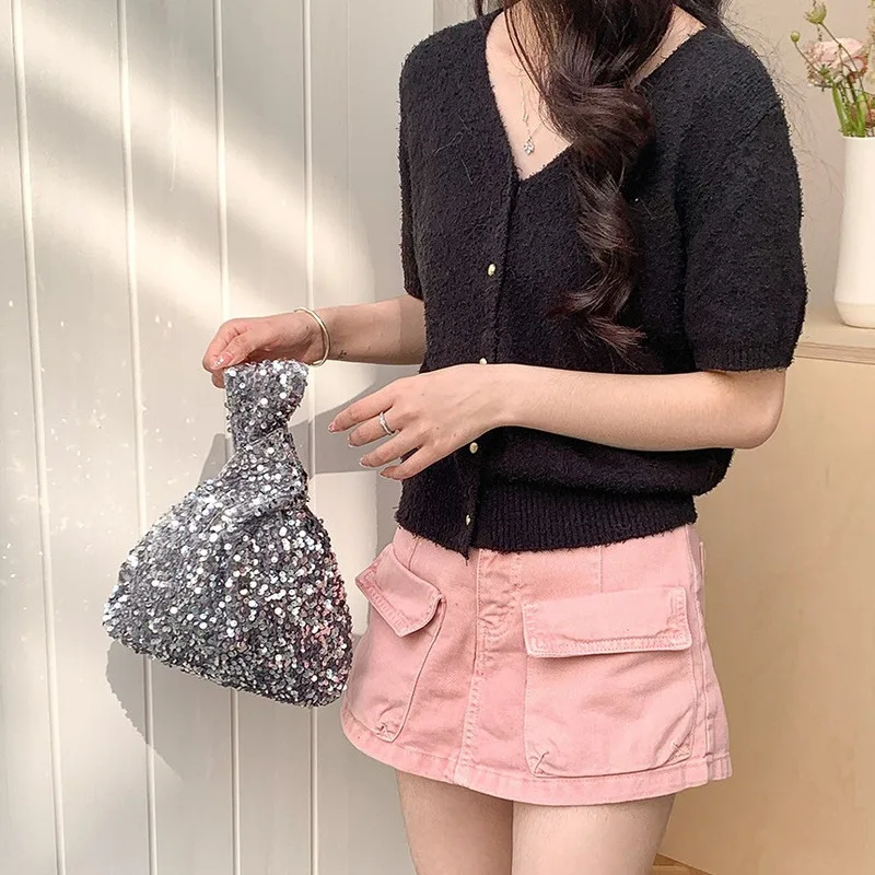 KK   New Wrist Colored Sequin Bag With Personalized And Creative Design, Mobile Phone Bag, Women's Soft Knot Handbag