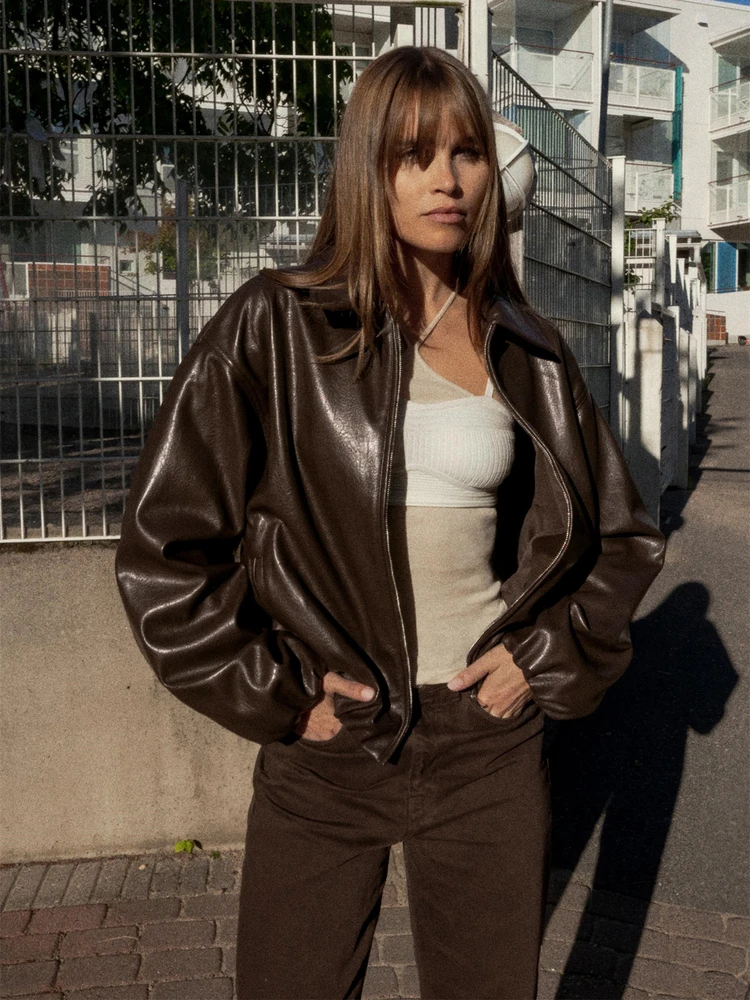 Nuovo autunno High-End Casual Faion Simulazione Pelle Colletto pilota Jaet Cappotto da donna Cerniera Vestibilità ampia Lungo Sve Regular L...