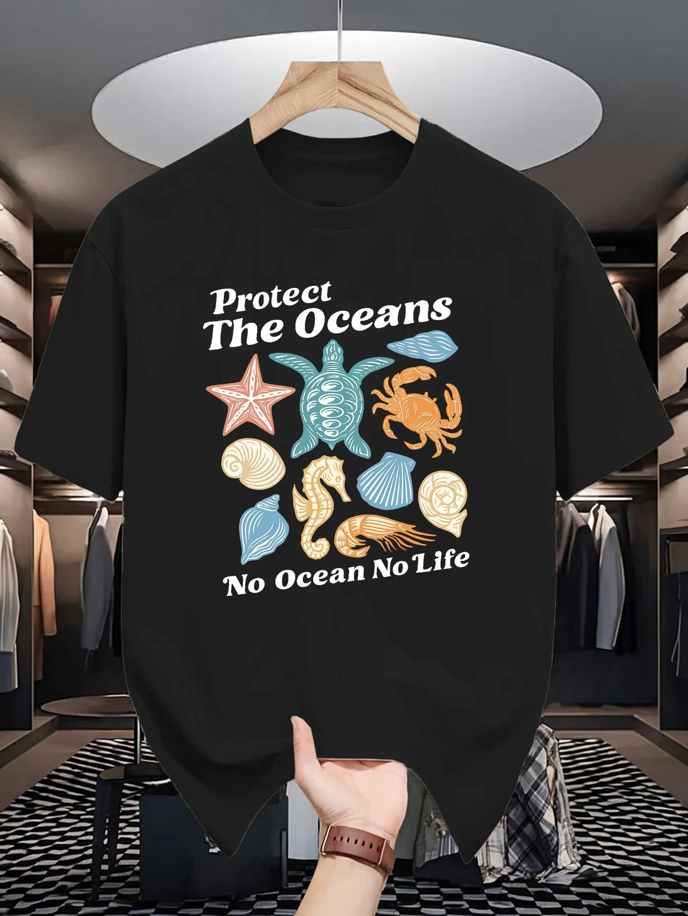 Protect The Oceans Sea Creature Graphic Mens T Shirt Crew Neck Cotton Tee Turtle Shell Print Gift For Ocean Conservation Fans
