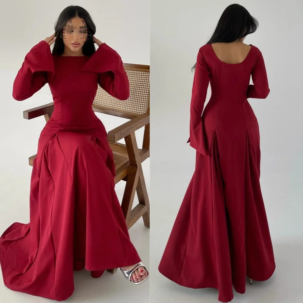 

Romantic Red O-Neck Prom Dress Evening Saudi Arabia Pleat Ruffles Formal Evening A-line Long Sleeves Bespoke Long Occasion Gown