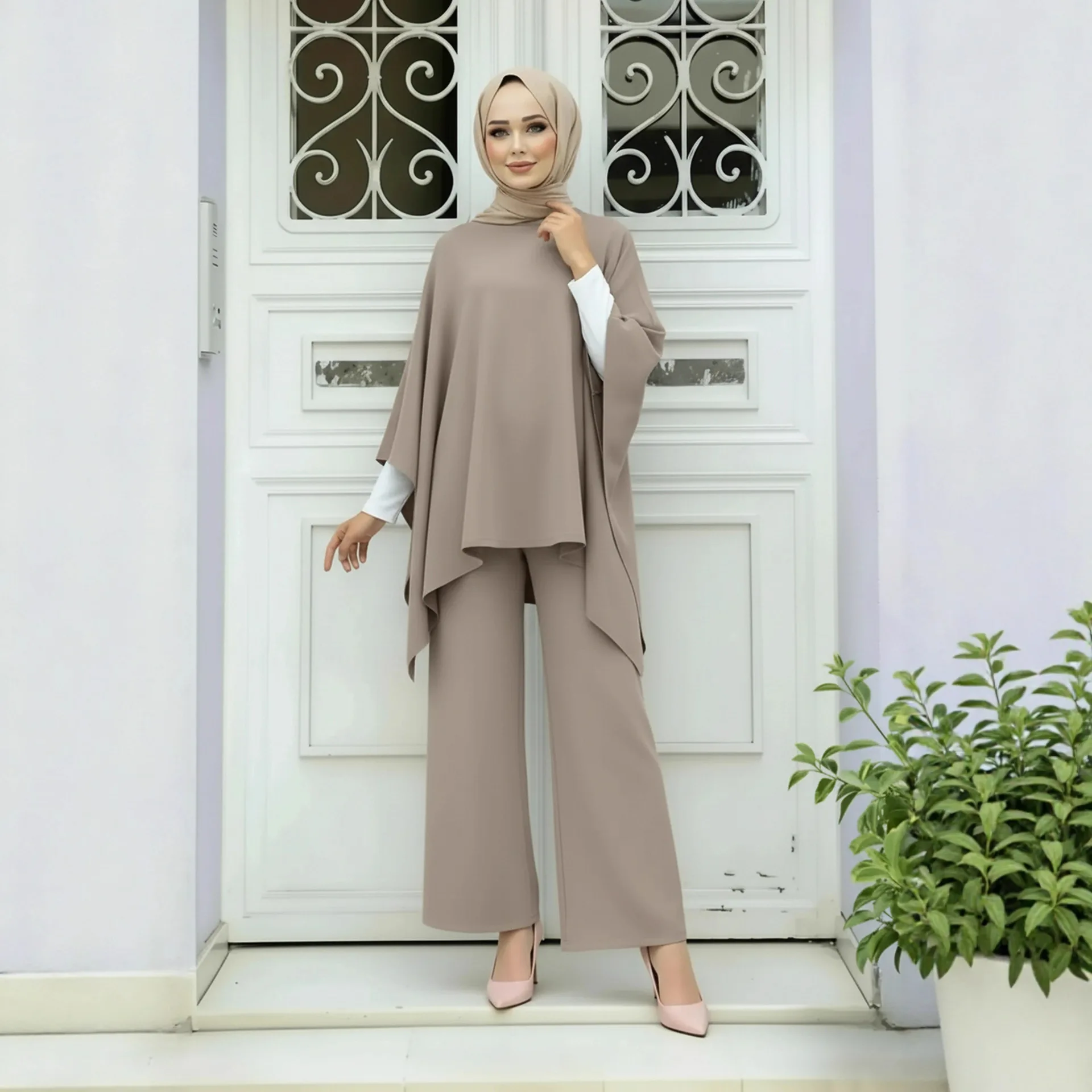 Moslim Gebreide Set Vrouwen Coltrui Jumper Top Wijde Pijpen Lange Broek Bijpassende Pak Islam Kleding Femme Musulmane Ensembles