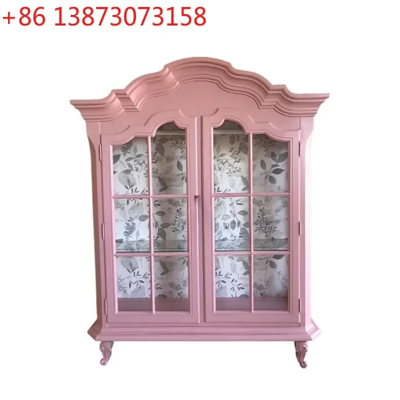 Solid wood carving flower wardrobe princess wardrobe bedroom double door pink storage display cabinet