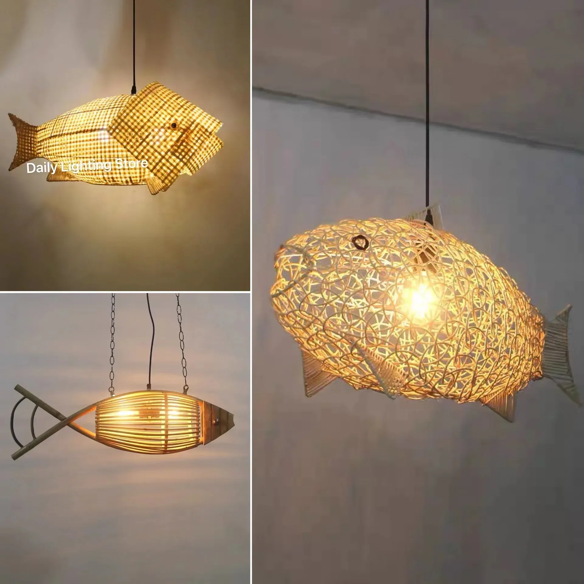 

Bamboo Wood Fish Lumious Fixture for Cafe Bar Restaurant Hot Pot Home Decor Pendant Lamp Vintage LED Lighting E27 Bulb Holder