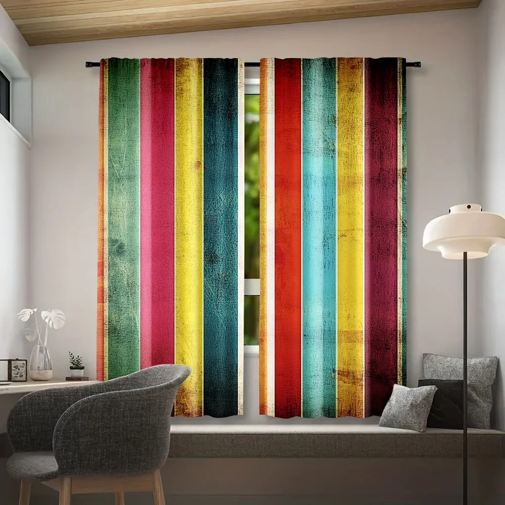 2pcs Vibrant Striped Window Drapes - Durable 100% Polyester Fabric, Colorful Vertical Lines Design for Indoor Use, Perfect for B