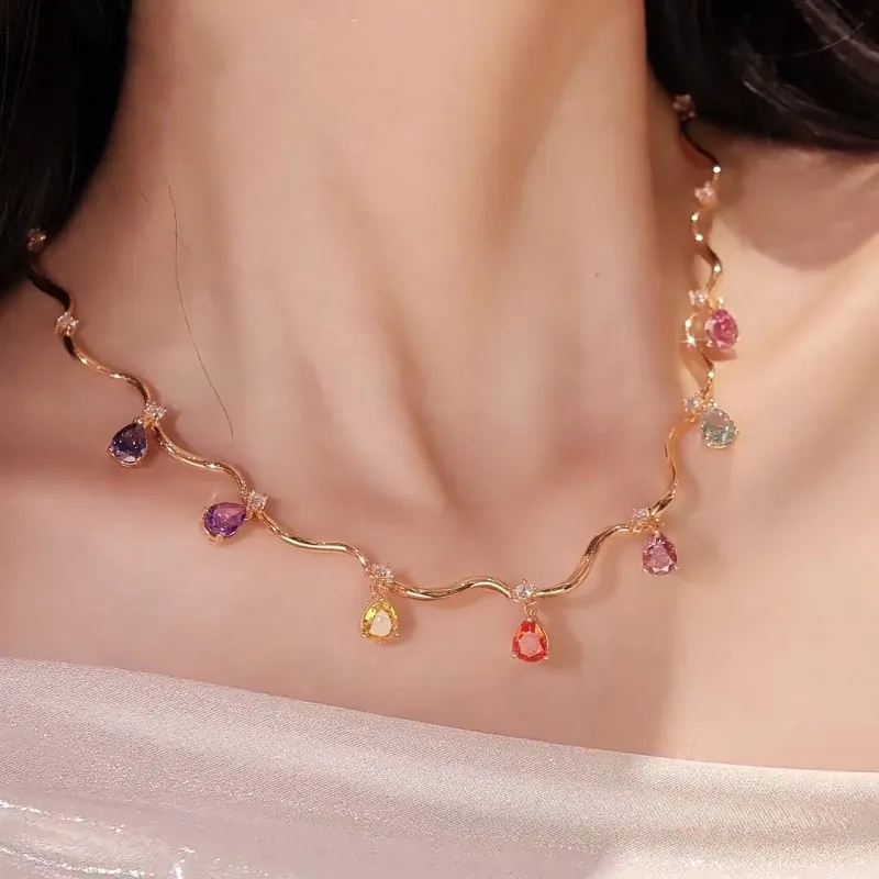 

ZOCA New Arrival Water Wave Fancy Color Zirconia 925 Sterling Silver Necklace for Women Fine Jewelry