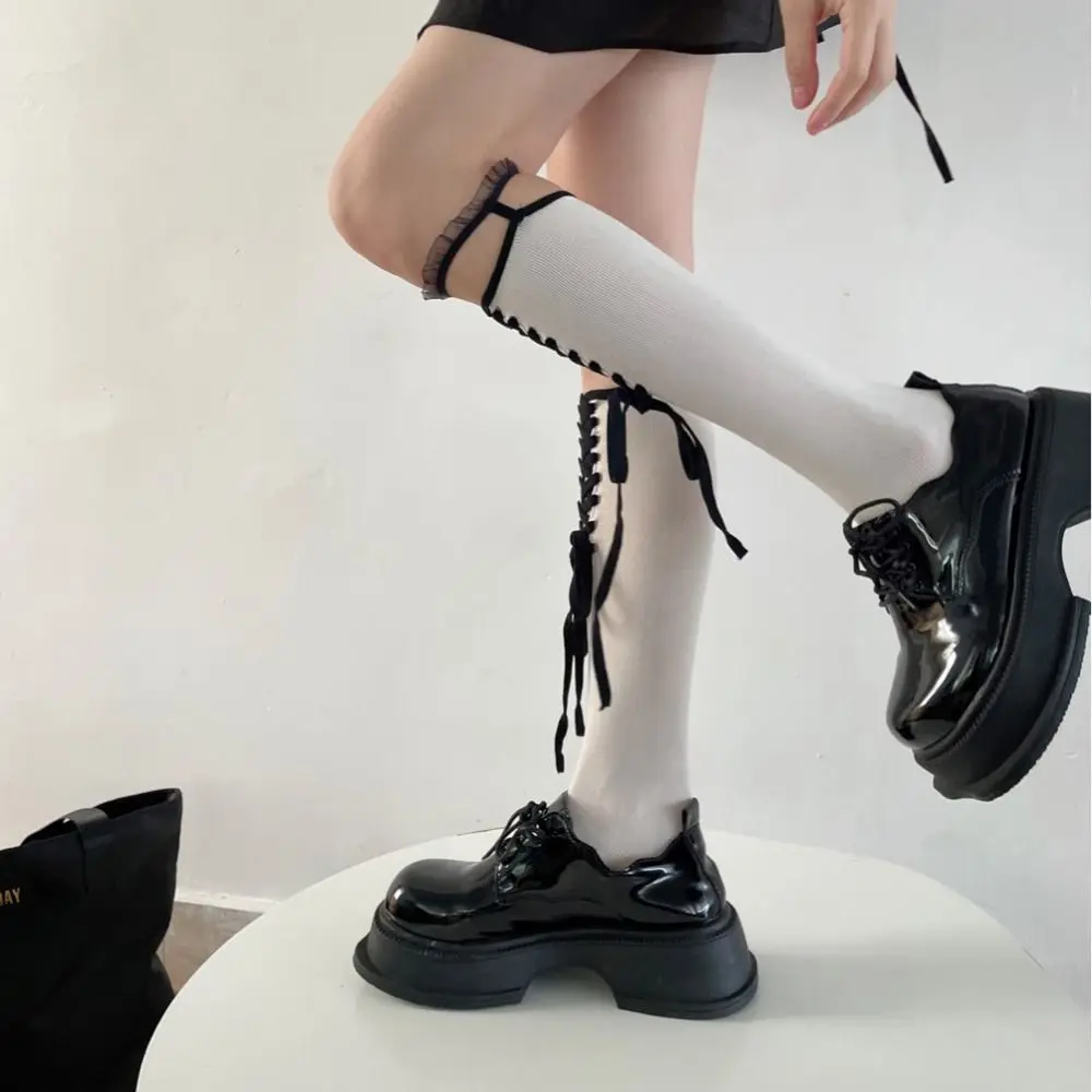 Sweet Cool Girls Middle Tube Socks Breathable Thin Summer Hollow Cross-Tie Cosplay Stocking Ribbon Bow Lace Dark Luoli Tight